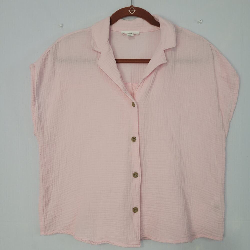 Beach Lunch Lounge Gauzy Cotton Button Front Shirt sz M Pink Coastal Breathable
